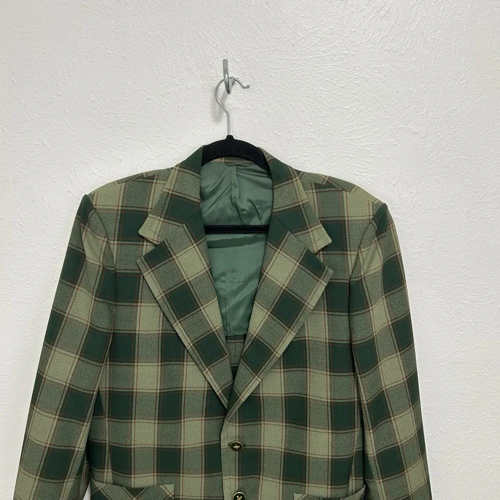 VTG John Keith Blazer Jacket Sport Coat Green Plaid Retro 70s Old Money Sz 42 R